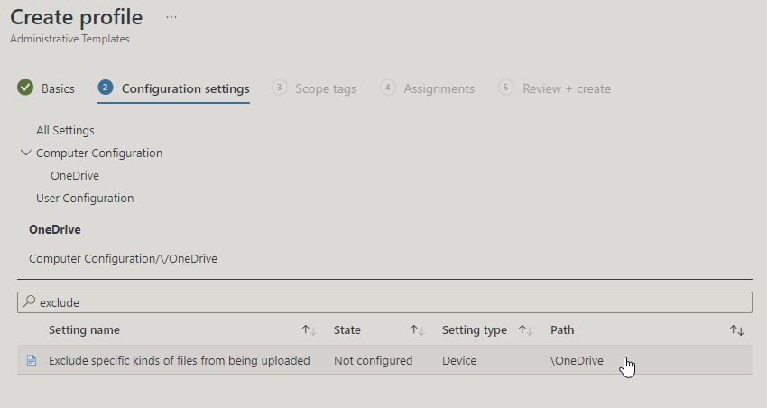 Select the OneDrive settings labeled: Exclude specific kinds of files from being uploaded