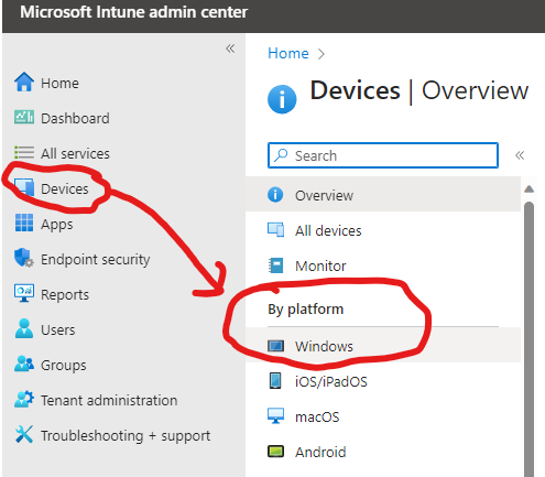 image of side panel in intune with devices to windows buttons highlighted