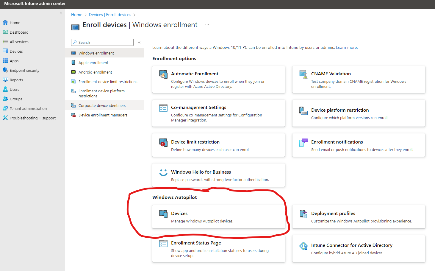 image of enroll devices window with devices panel highlighted