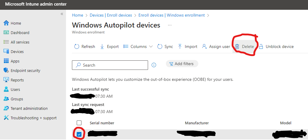 image of device selection checkbox highlighted and delete button highlighted in intune