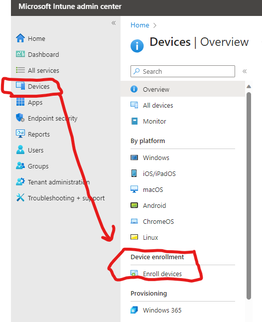 image of side panel in intune with devices to enroll devices buttons highlighted